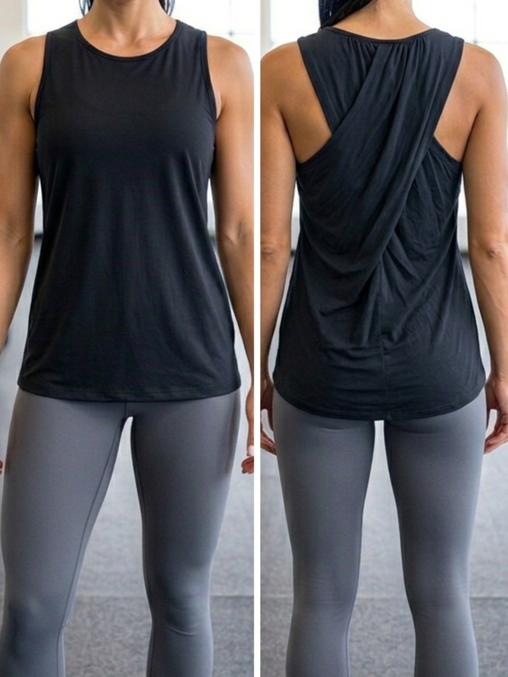 MIPPO Black Criss Cross Back Gym Tank Top Untucked Flowy Yoga Shirt Sz M EUC